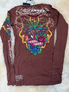 Vintage Brown Ed Hardy long sleeve shirt size small Women's